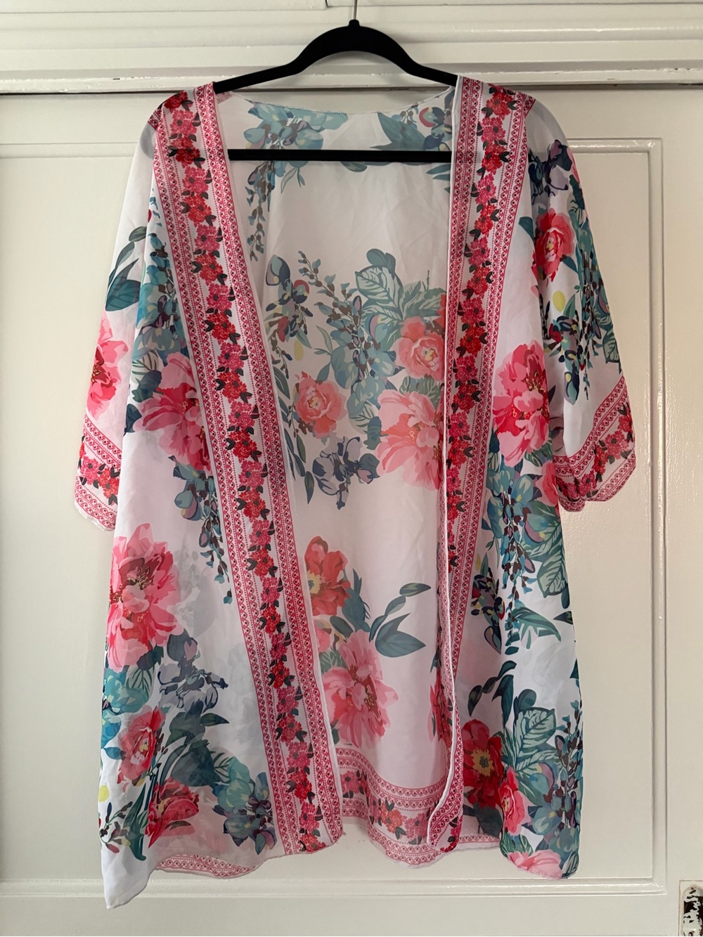 Floral Open-Front Kimono Cardigan - White with Pink Floral